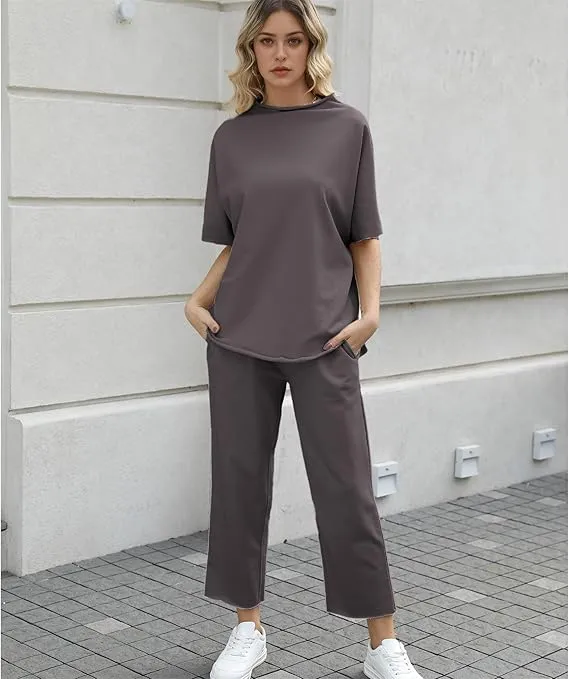 Women's 2 Piece Outfits Lounge Set 3/4 Batwing Sleeve Capelet Crew Neck Pullover Tops Wide Leg Pants