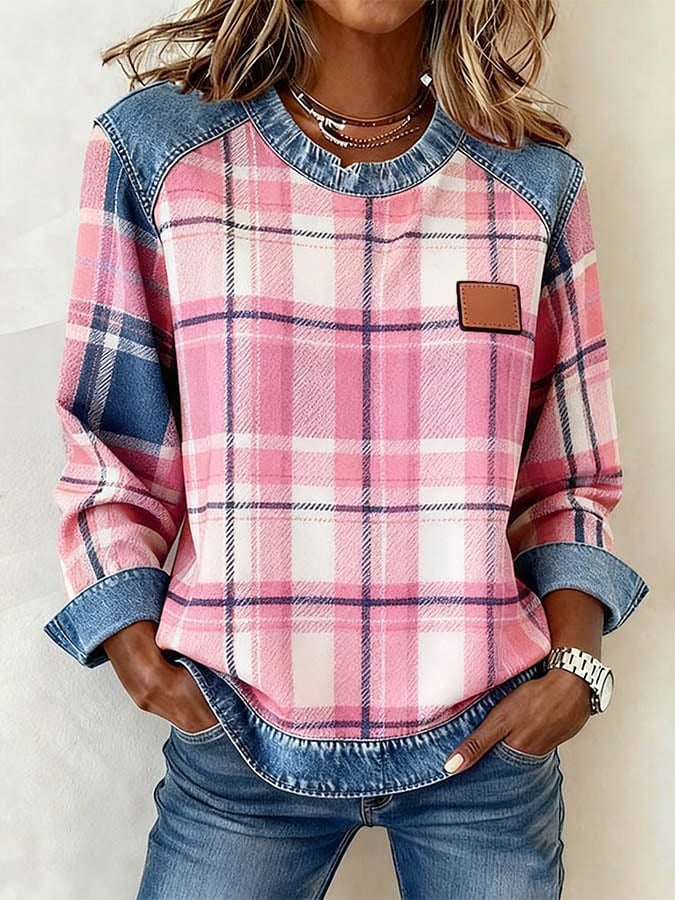 Women'S Casual Round Neck Denim Patchwork Plaid Print Pullover Sweatshirt