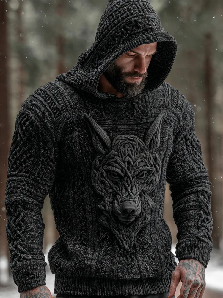 Viking Dark Hellhound Art Men's Hooded Knit Sweater