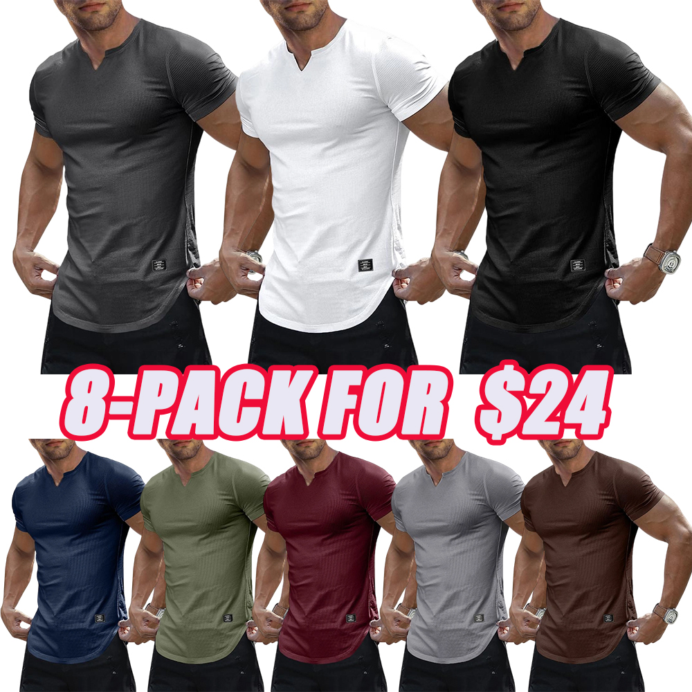Men's Plain Muscle Slim Fitted T Shirt Polyester V-Neck Longline Shirt