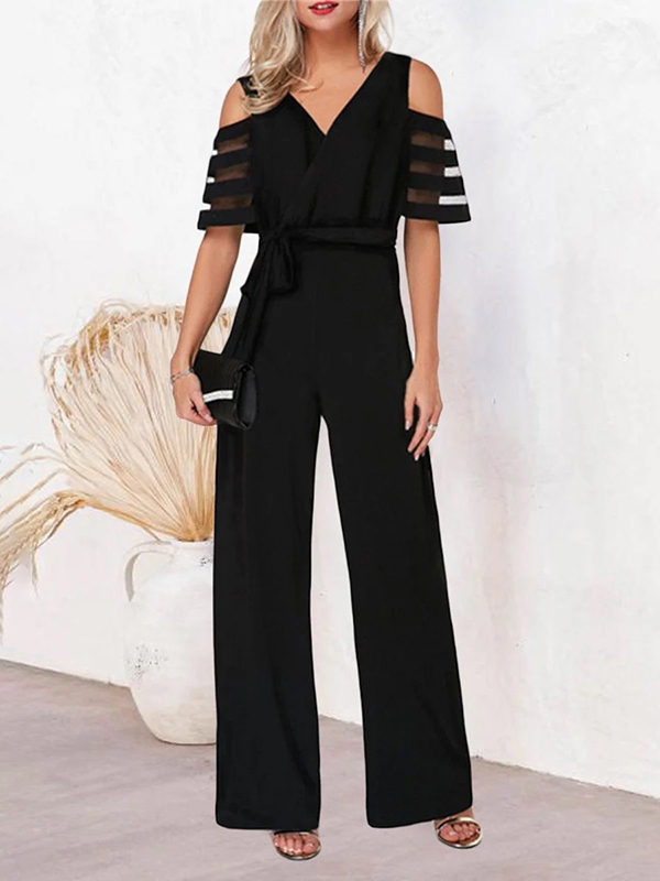 Hollow Mesh Solid Color Tied Waist High Waisted Loose V-Neck Jumpsuits
