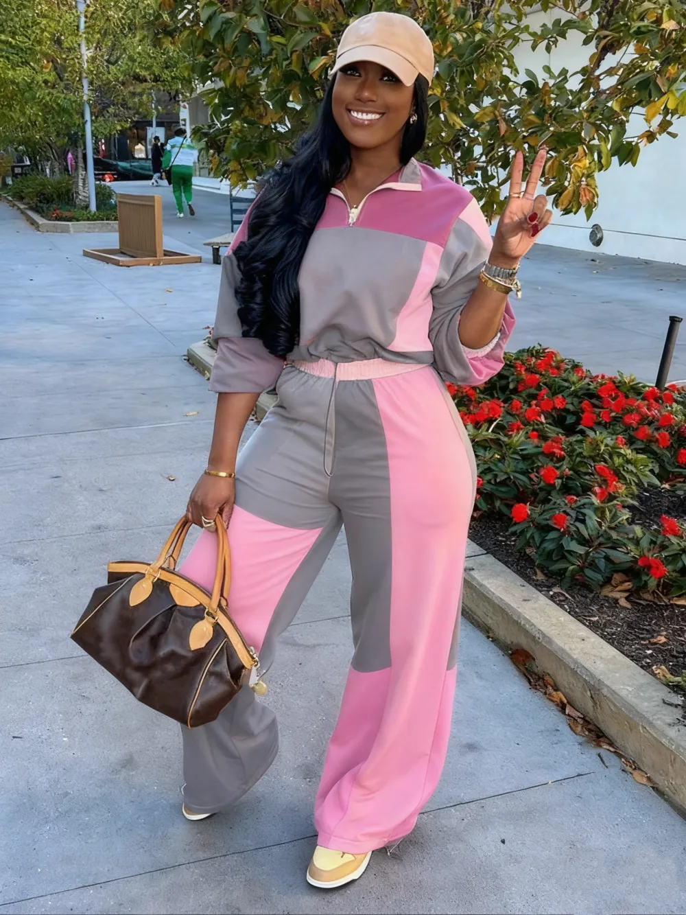 2-piece Set Women's Colorblock Zip Up Jacket & Wide Leg Pants