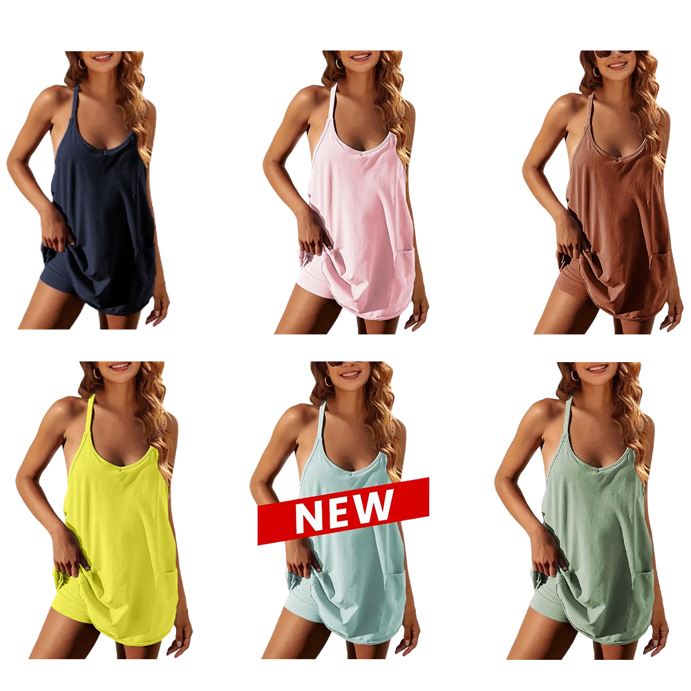 Women's Summer Sleeveless Mini Dress V Neck Spaghetti Straps Athletic Built-in Shorts Sundress
