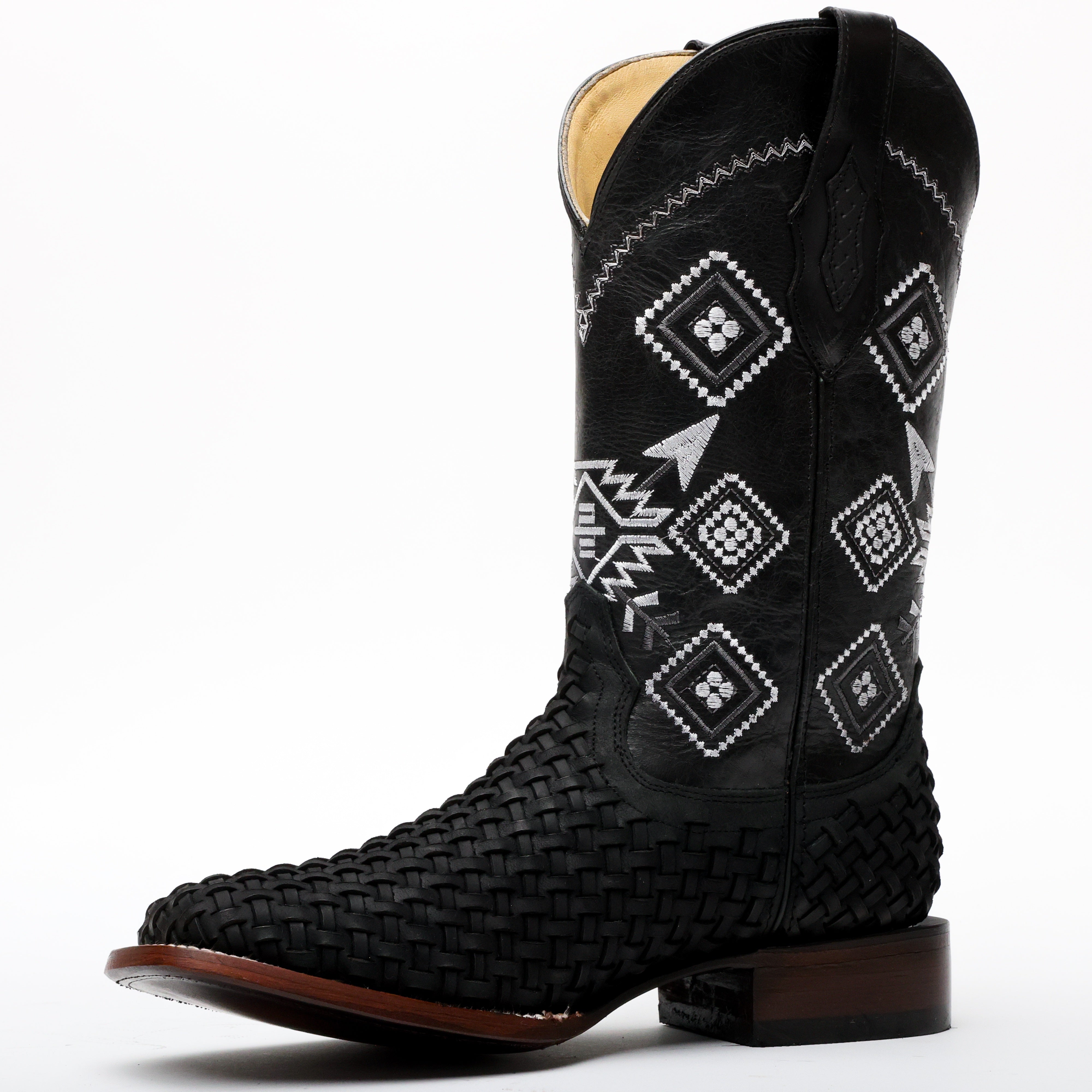 Black Basketweave Leather Boots - Square Toe