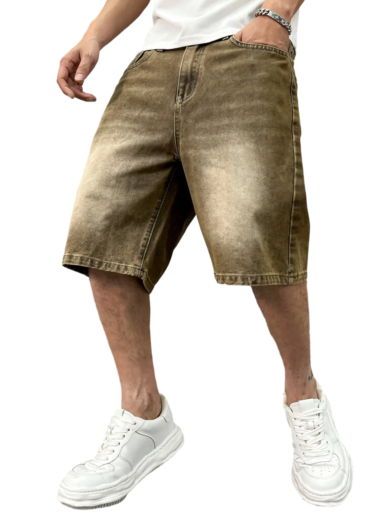 Men's washed retro color denim shorts, trendy, versatile, loose straight-leg casual streetwear denim five-point pants