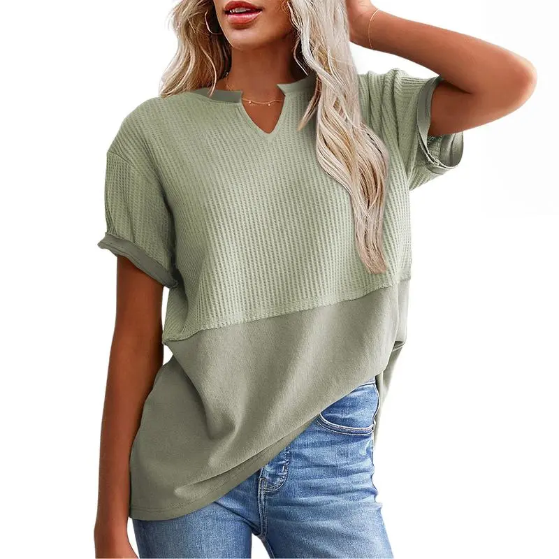 2026 Spring/Summer Cozy Oversized Waffle Knit V-Neck Top Women's Short Sleeve Pullover