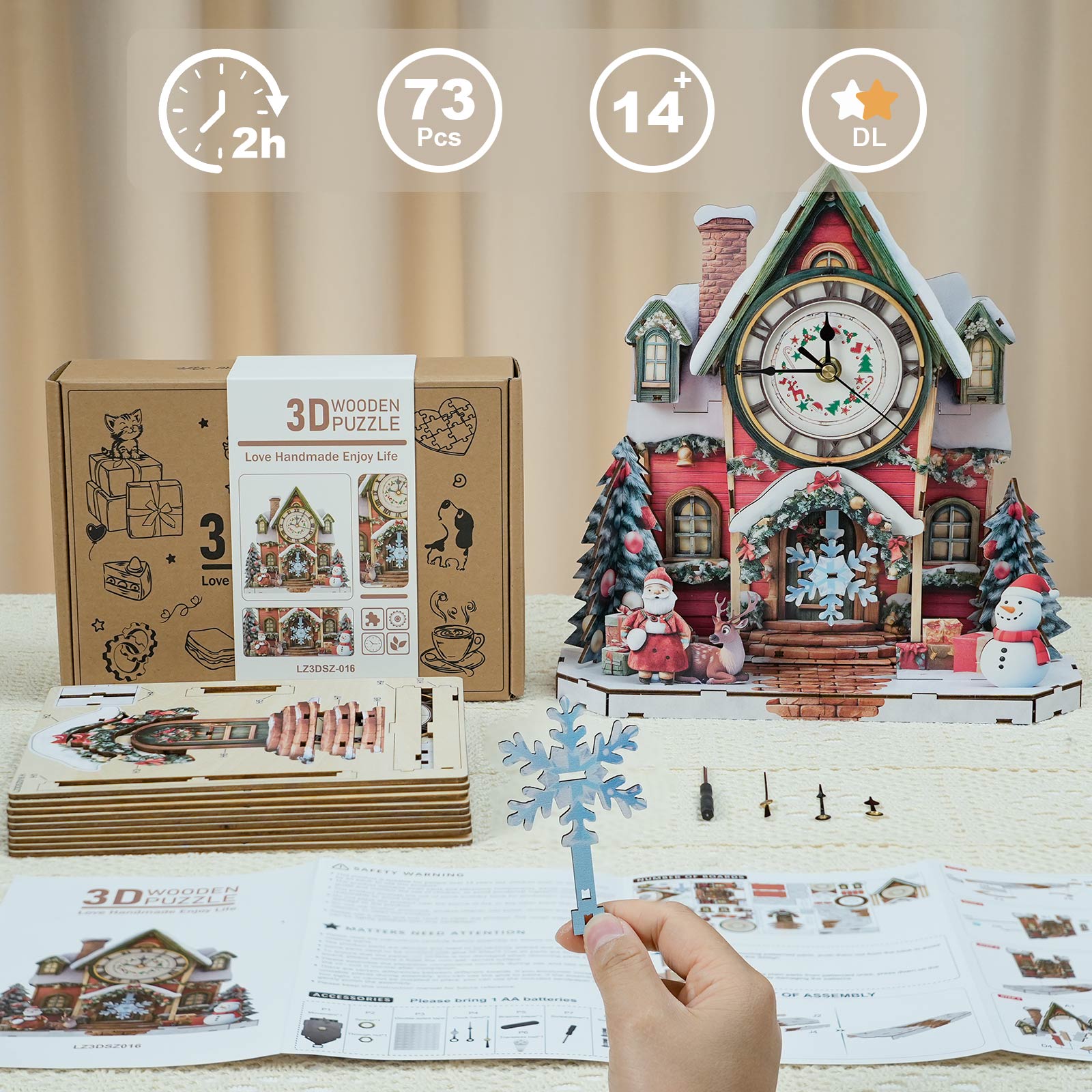 Christmas House– DIY Wooden Clock, 3D Puzzle Craft Kit