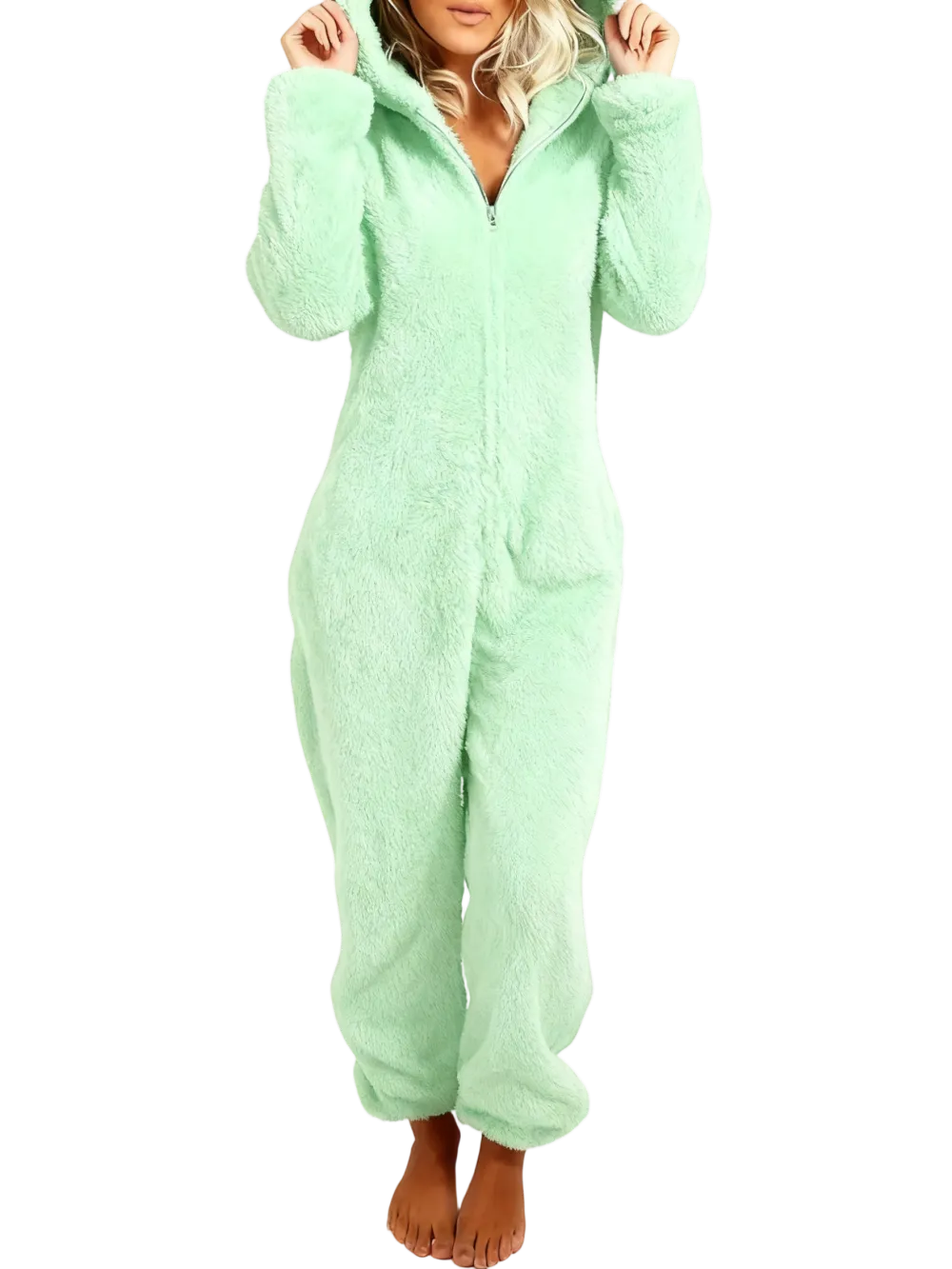 Women's Solid Zipper Hooded Plush Pajama Jumpsuit