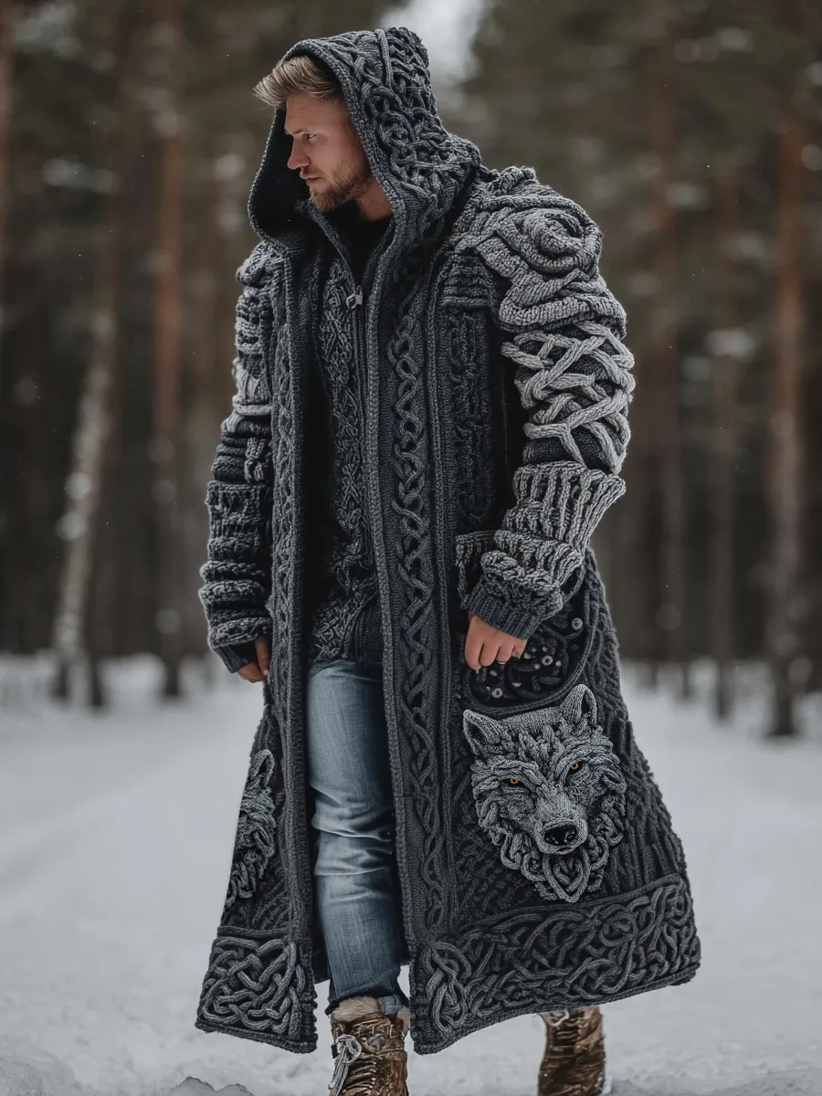 Men's Viking Style Celtic Knot Wolf Head Sweater Cardigan