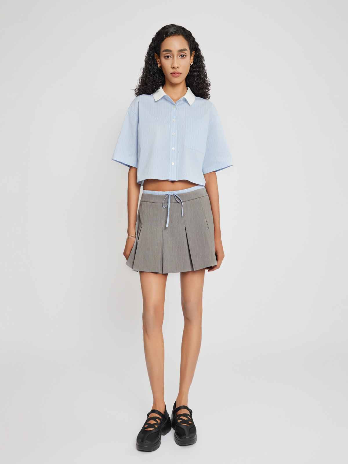 ASOBIO Knit Collar Short Sleeve Button-Up Shirt