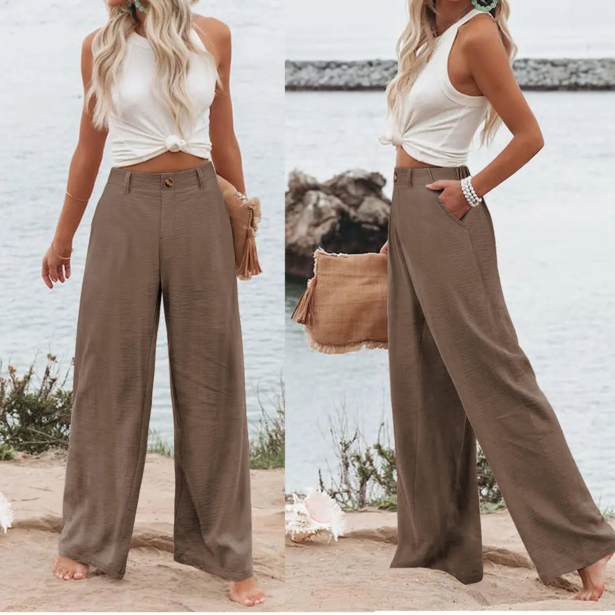 Kingapril Womens Cotton Linen Pants Casual Button Up High Waisted Wide Leg Trousers