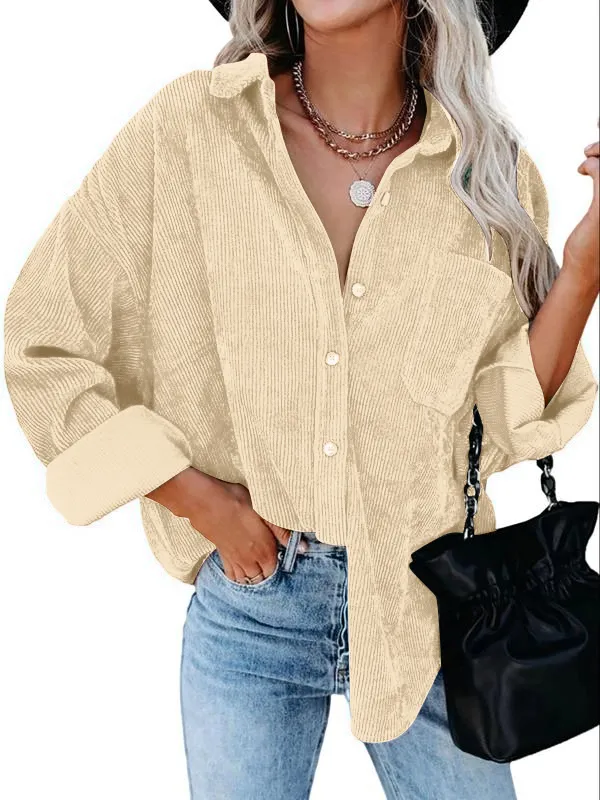 Women's Plain Pocket Button Front Corduroy Shirt