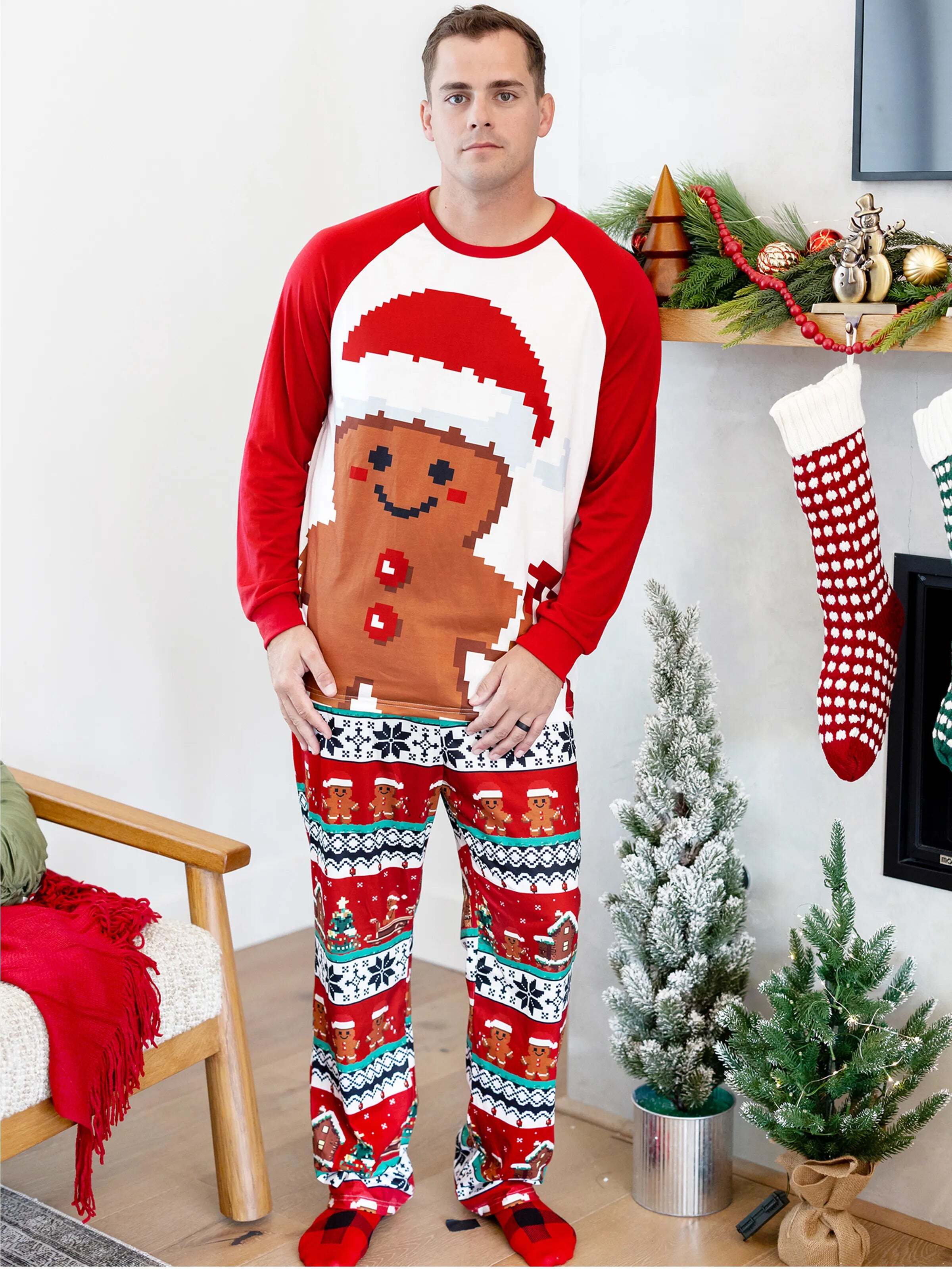 Christmas Matching Family Pajamas Set Gingerbread Print Long-sleeve PJS with Christmas Socks Red
