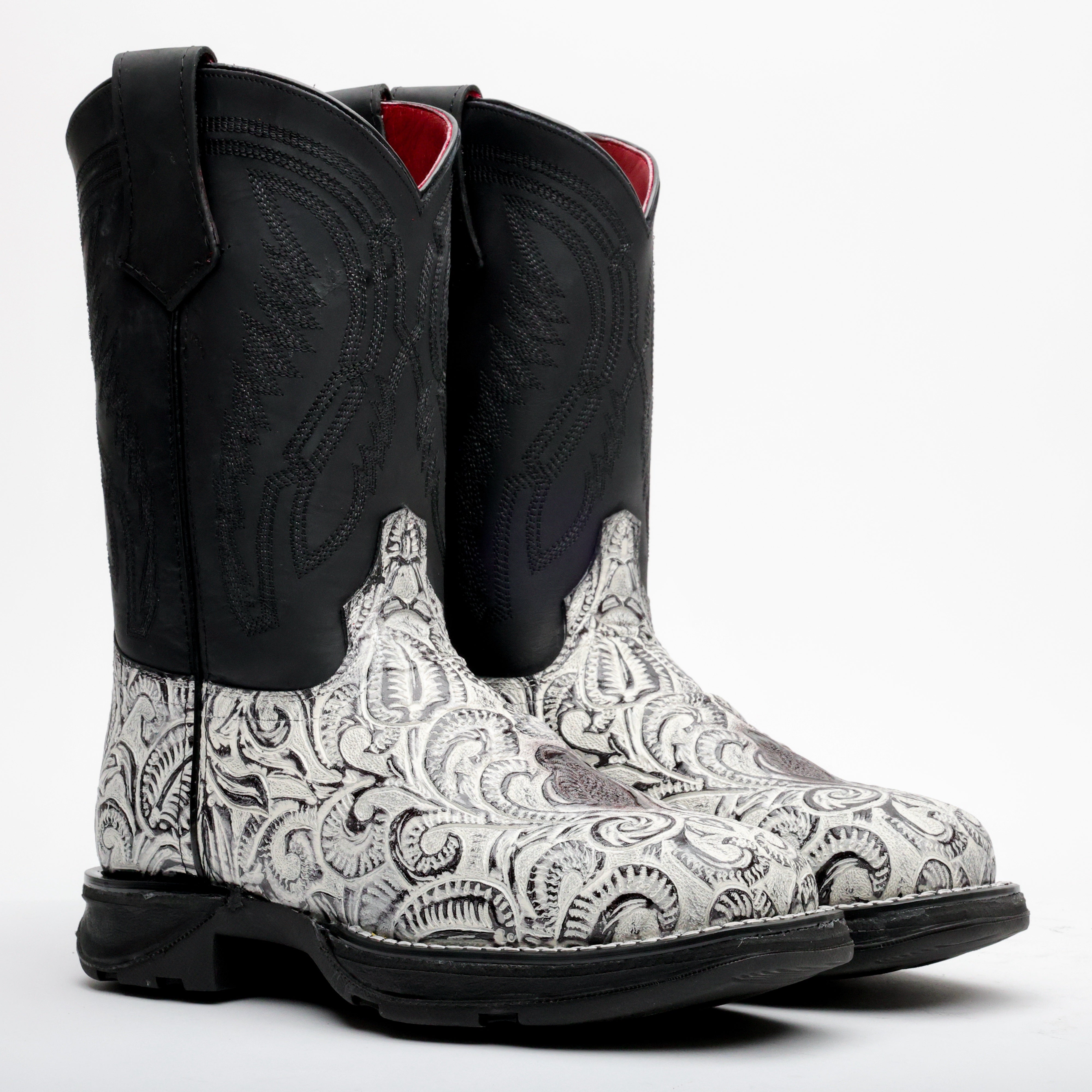 Snow White Hand-Tooled Leather Boots With 3D Lightweight Sole - Composite Toe
