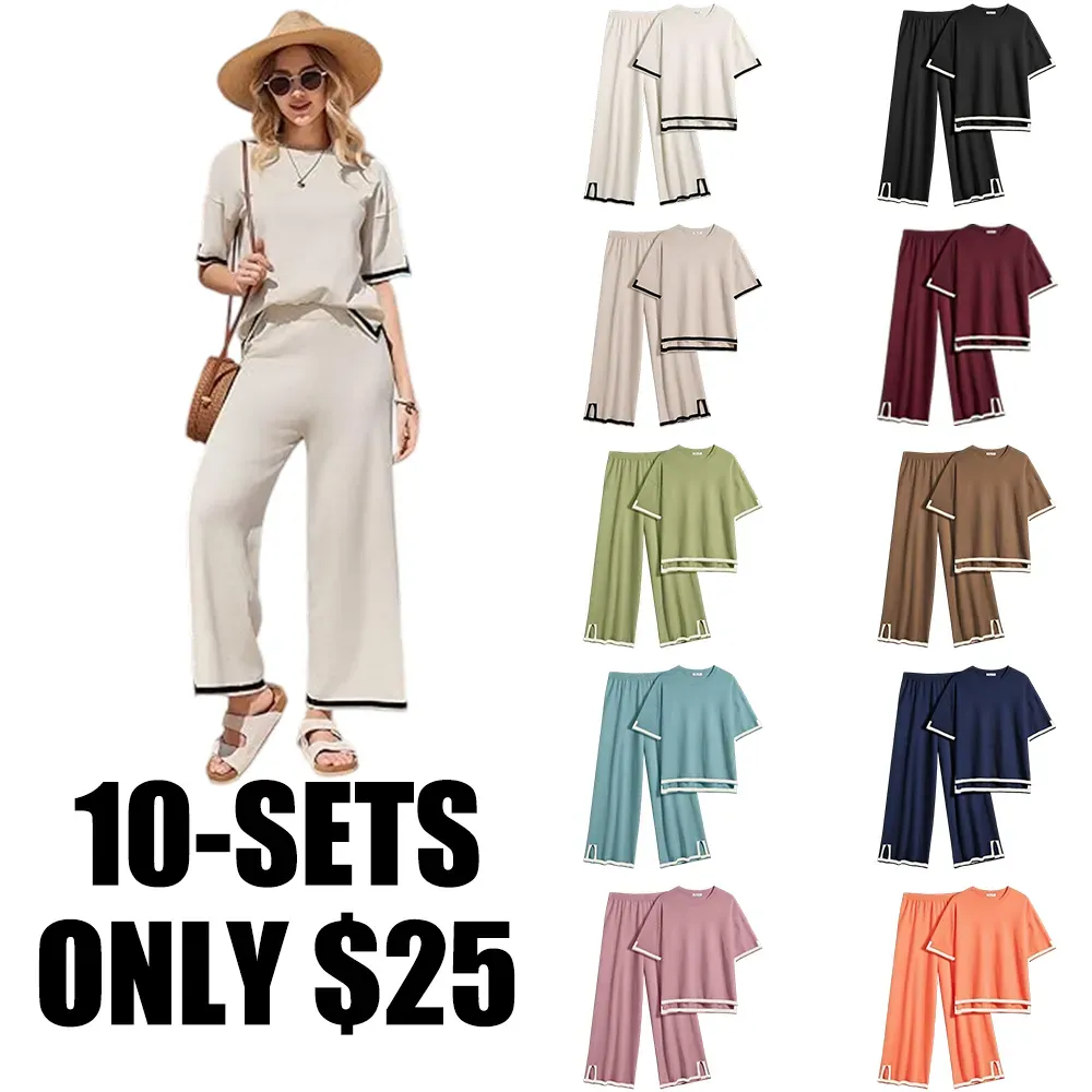 Women’s 2-Piece Knit Lounge Set – Short Sleeve Top & Wide-Leg Pants