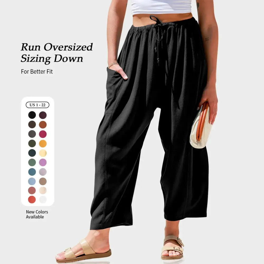 Womens Linen Wide Leg Pants Oversize Casual Loose Fit Beach Palazzo Harem Pants