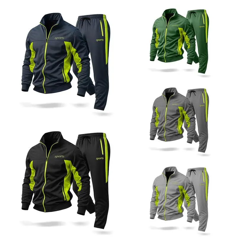 Men's casual stand-up collar jacket paired with sweatpants, breathable and comfortable.