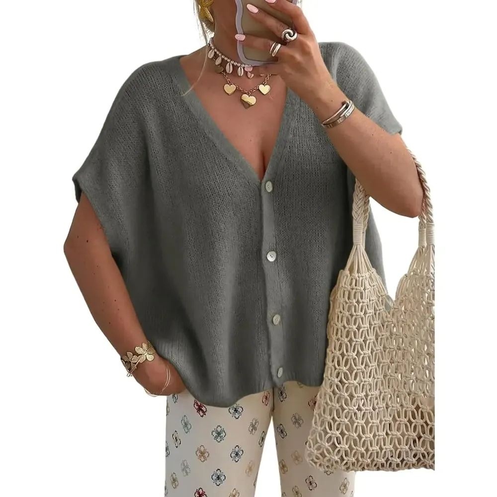 Womens Fall Oversized Cardigans Batwing Short Sleeve Lightweight Button V Neck Casual Knit Sweater Tops