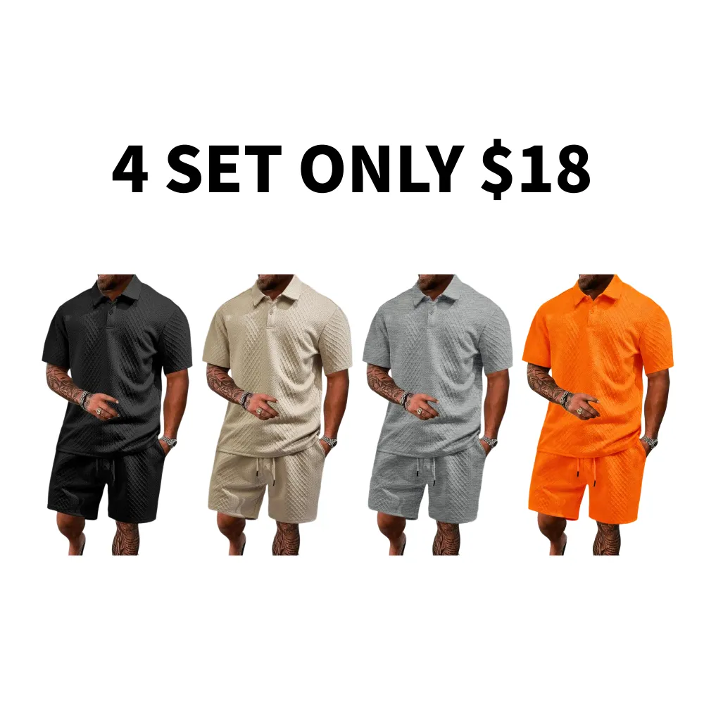 🔥 8-Set Men's Textured Polo & Shorts Sets – Casual Summer Two-Piece Outfits