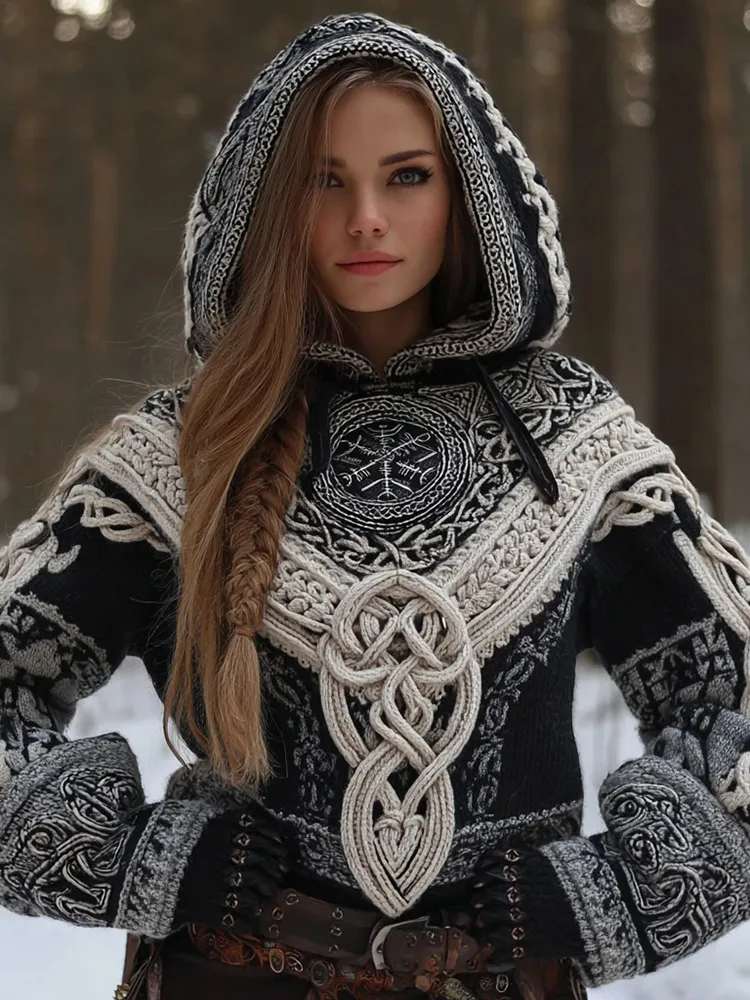 Women's Viking Celtic Knot Vegvisir Rune Knit Hooded Sweater