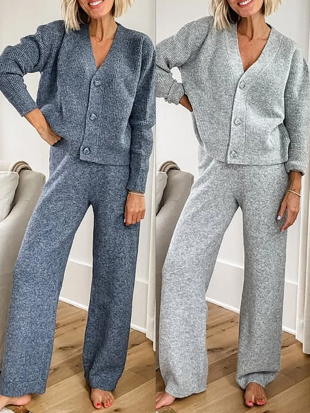 Last day discount- 50% OFF Solid Textured Knit Button Cardigan & Pants Set