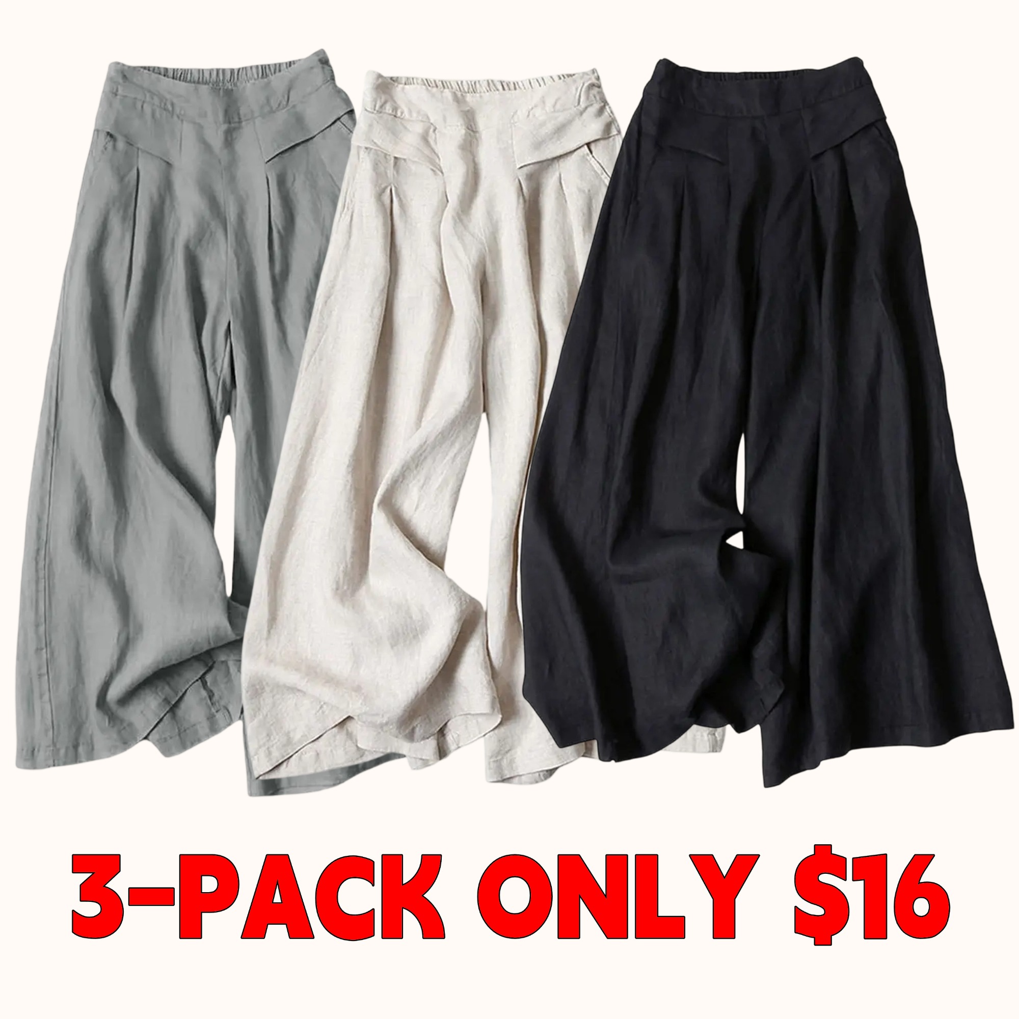 Women's Cotton-Linen Wide-Leg Pants — Elastic Waist, Wide-Leg Trousers & Capris (With Pockets)