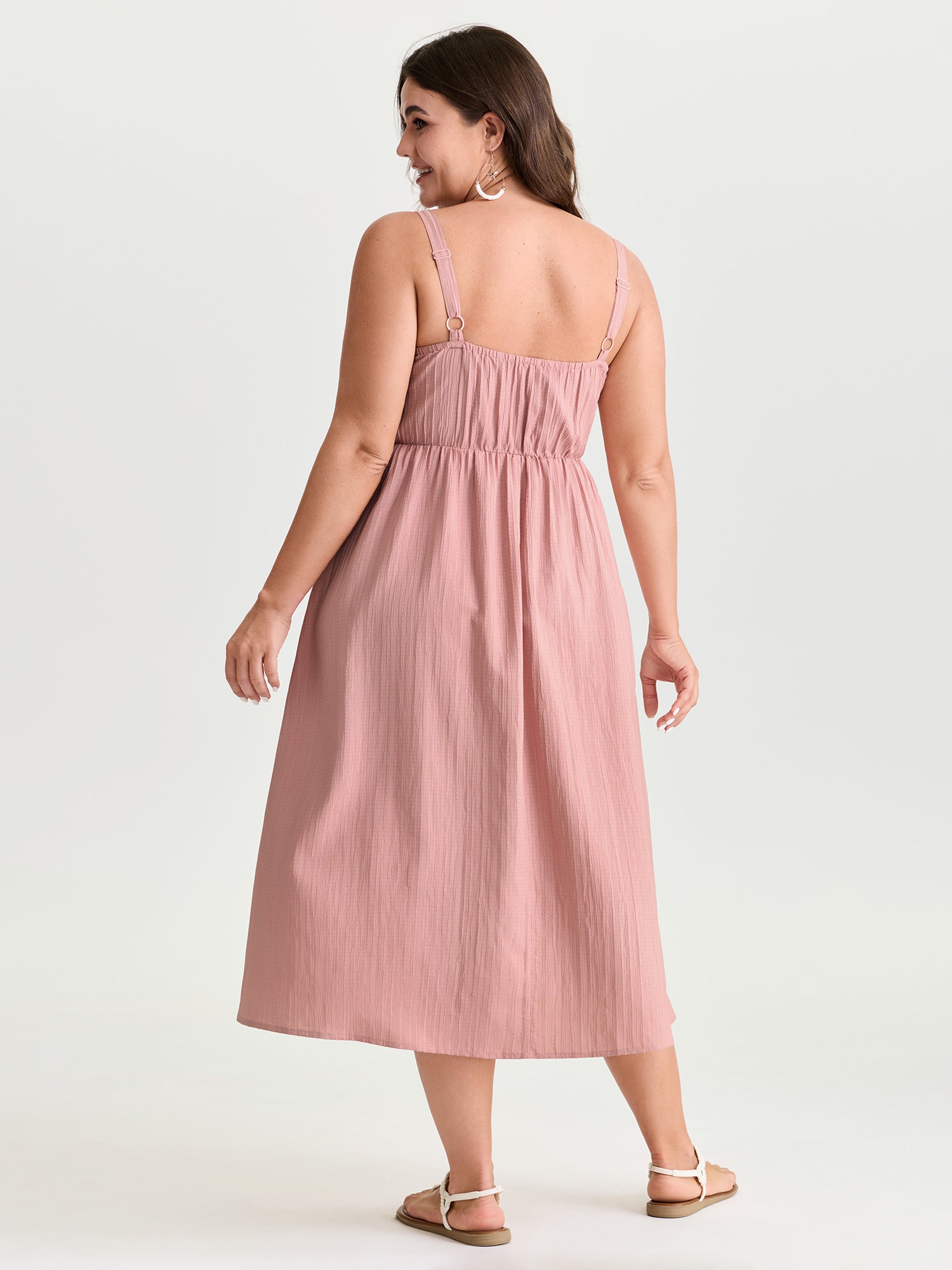 Pleated Front Textured Wide Strap Midi Dress