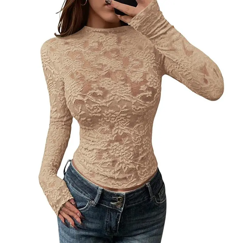 Mesh Long Sleeve Tops for Women Lace Sexy Sheer Tight See Through Crew Neck