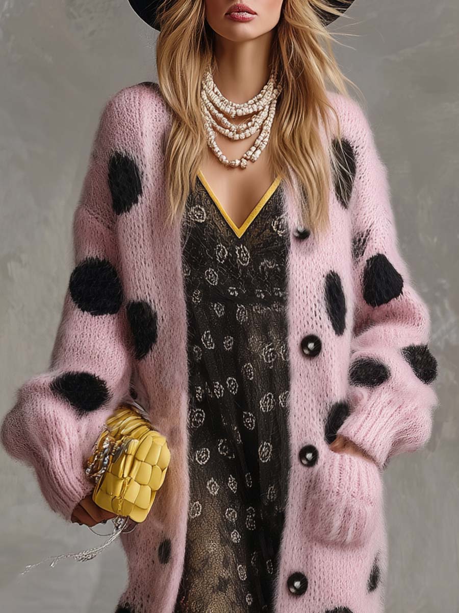 Vintage Fashion Lazy Front Button Black Polka Dot Pink Imitation Rabbit Fur Knitted Long-sleeved Cardigan