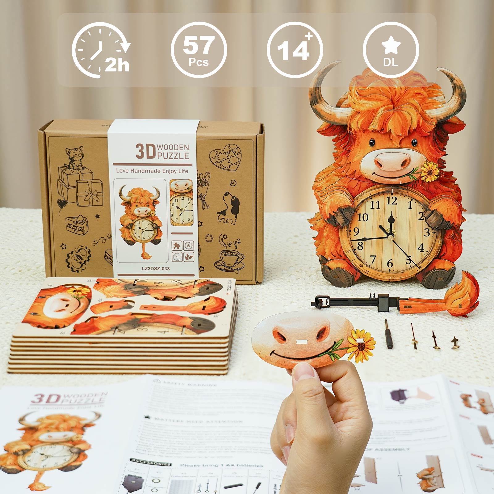 Highland Cattle – DIY Wooden Clock, 3D Puzzle Craft Kit