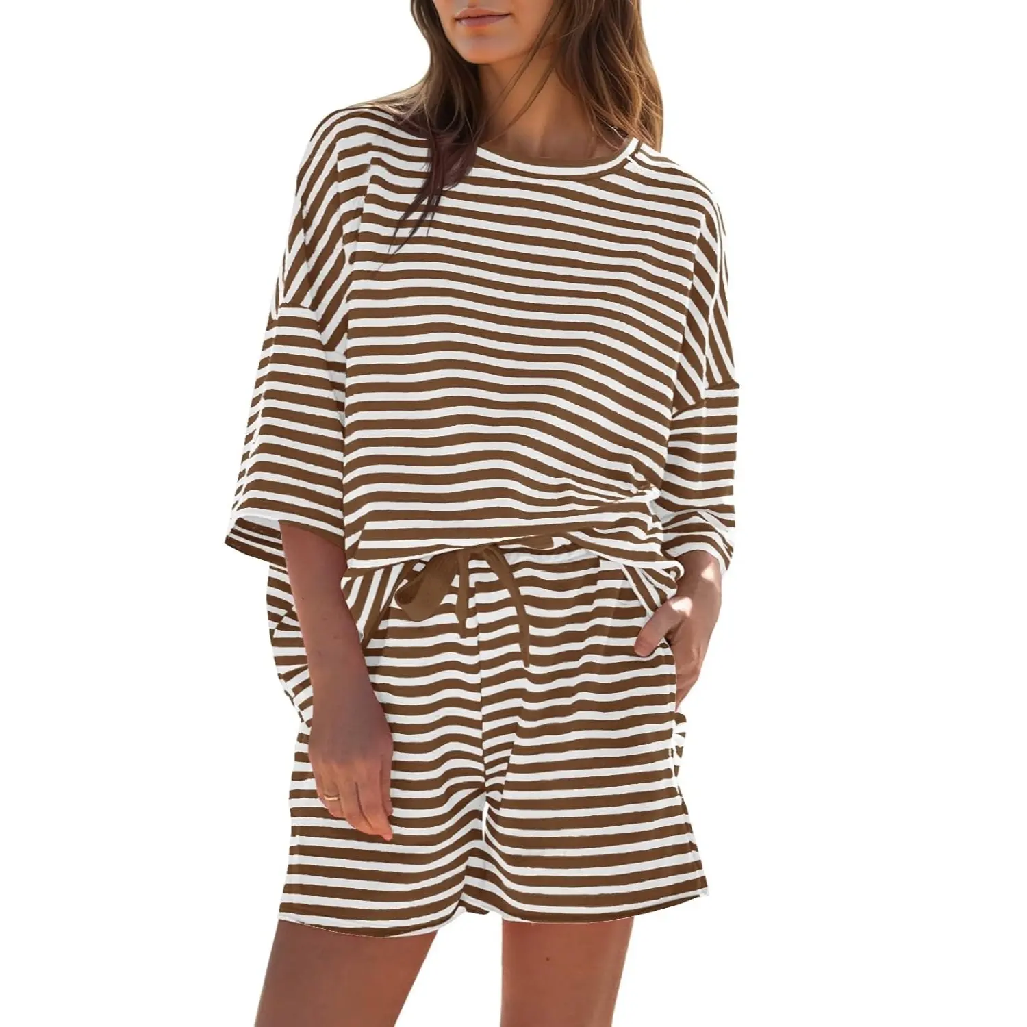 Womens Striped Short Sets 2 Piece Outfits Sweatsuits 3/4 Sleeve Pajamas Casual Lounge Sets