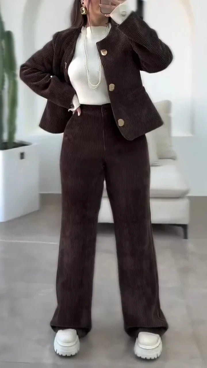 Women Round-neck Button-down Jacket + Pants Casual Suit