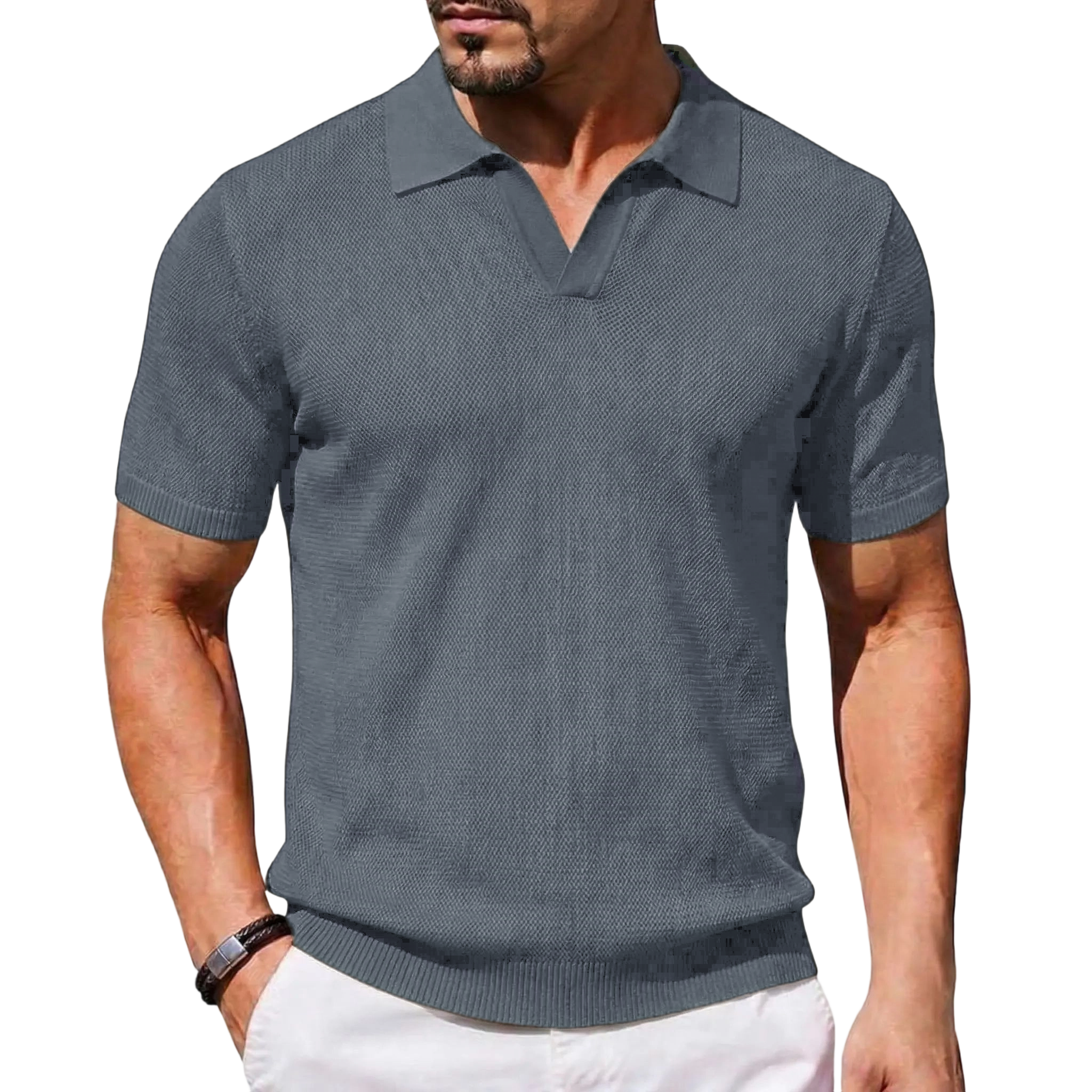 2026 Men's V Neck Short Sleeve Stretch Knit Polo Shirt