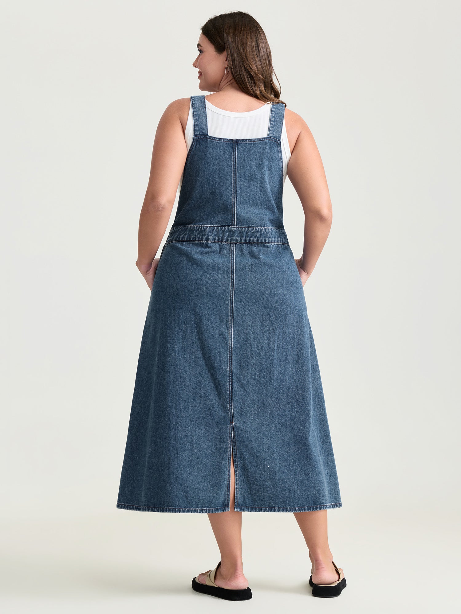 Cotton Adjustable Back Slit Overall Midi Denim Dress