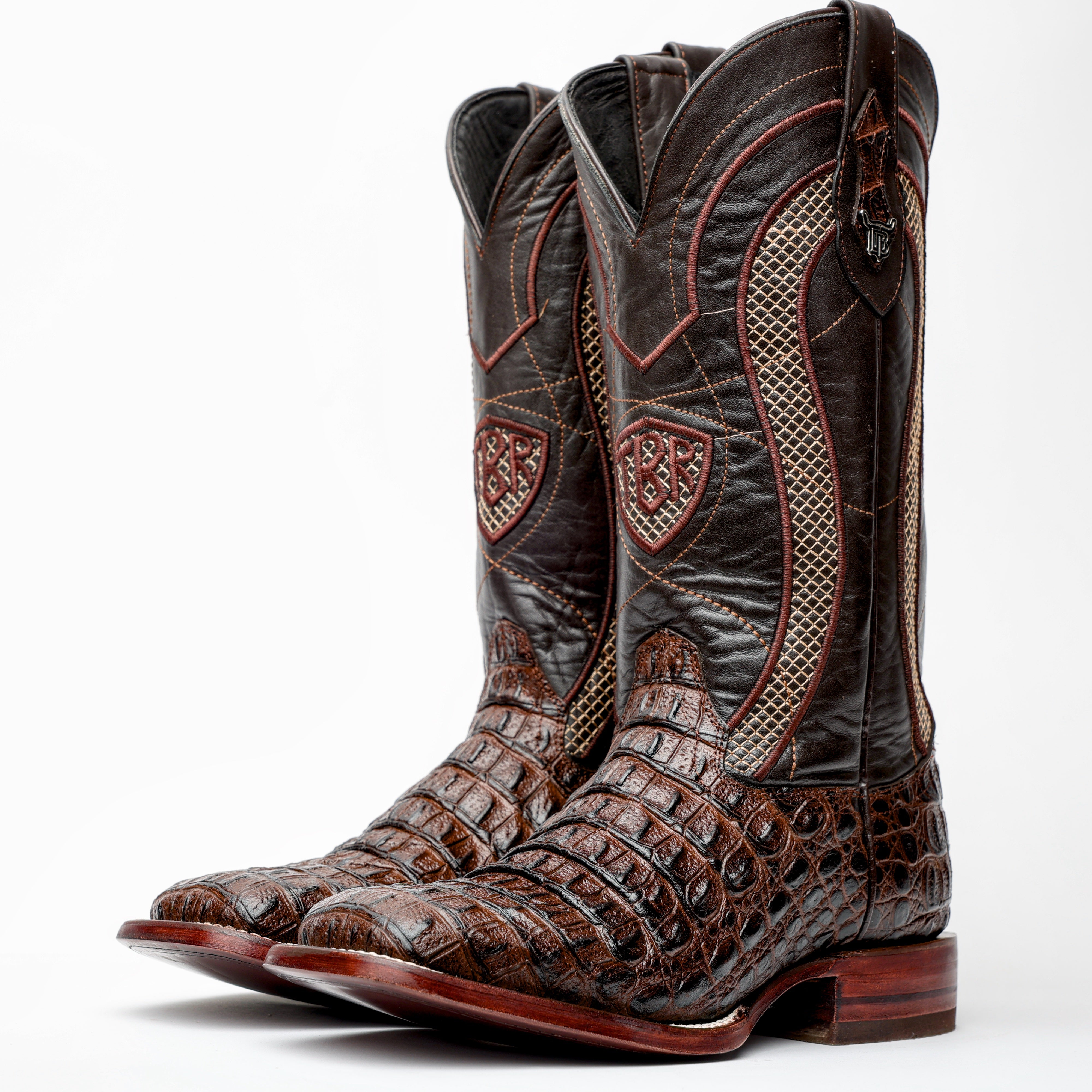 Chocolate Brown Caimán Hornback Leather Boots - Square Toe