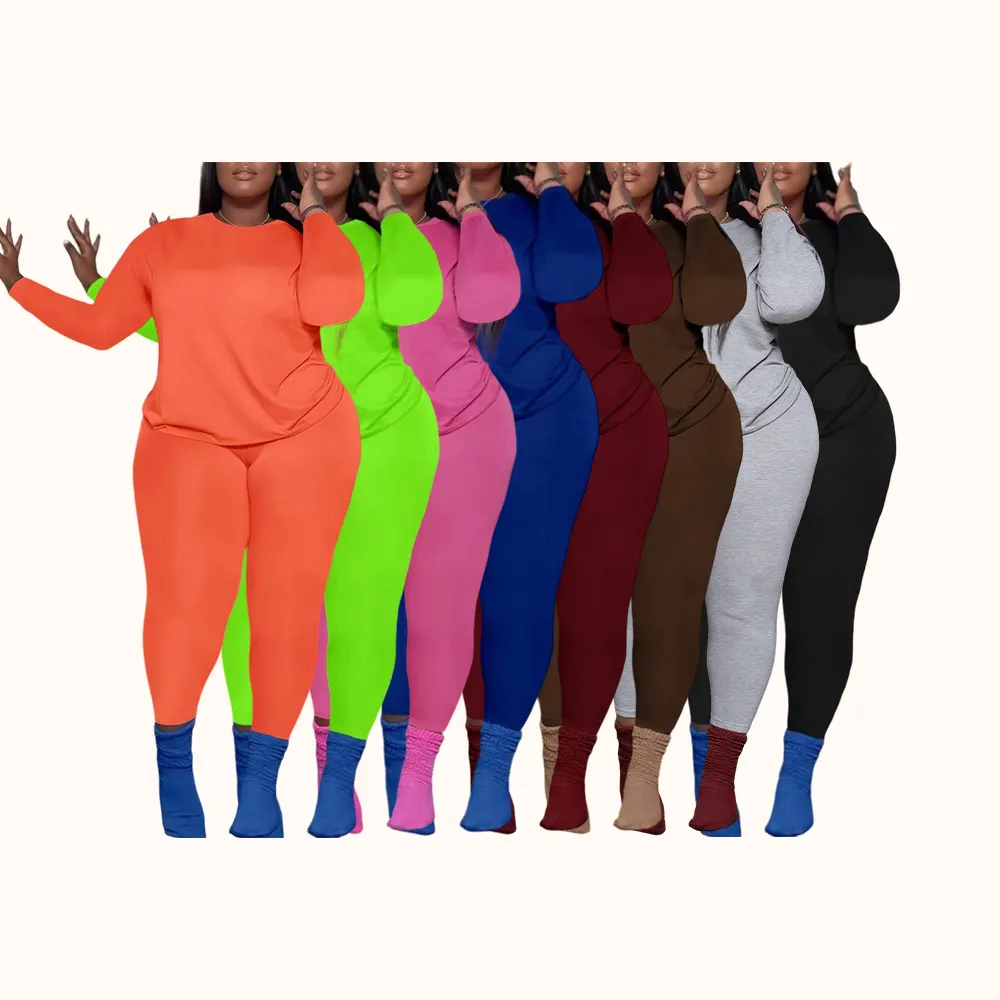 Women's Plus Size 2-Piece Set, Long-Sleeve Round-Neck Top & Pants, Casual Home Sportswear for Daily Wear