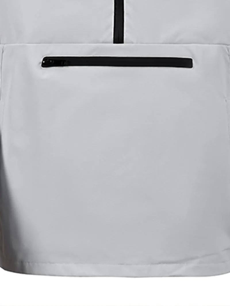 One black half-zip pullover with hoodie, outdoor camping style, large pockets, made of stain-resistant fabric