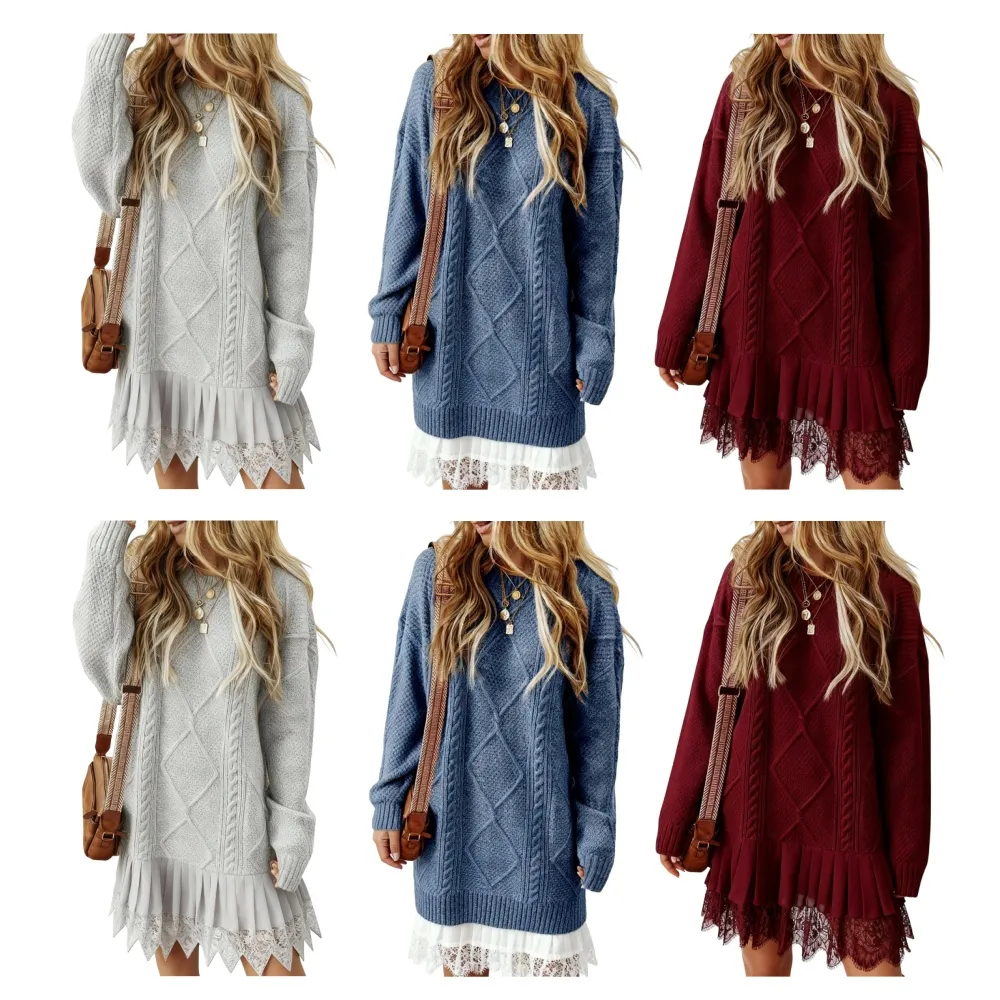 2025 Women's Cable Knit Lace Mini Sweater Dress 2PC