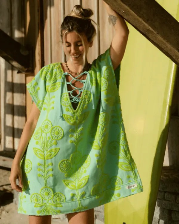 Lace-Up Geometric Jacquard Poncho Cover-Up