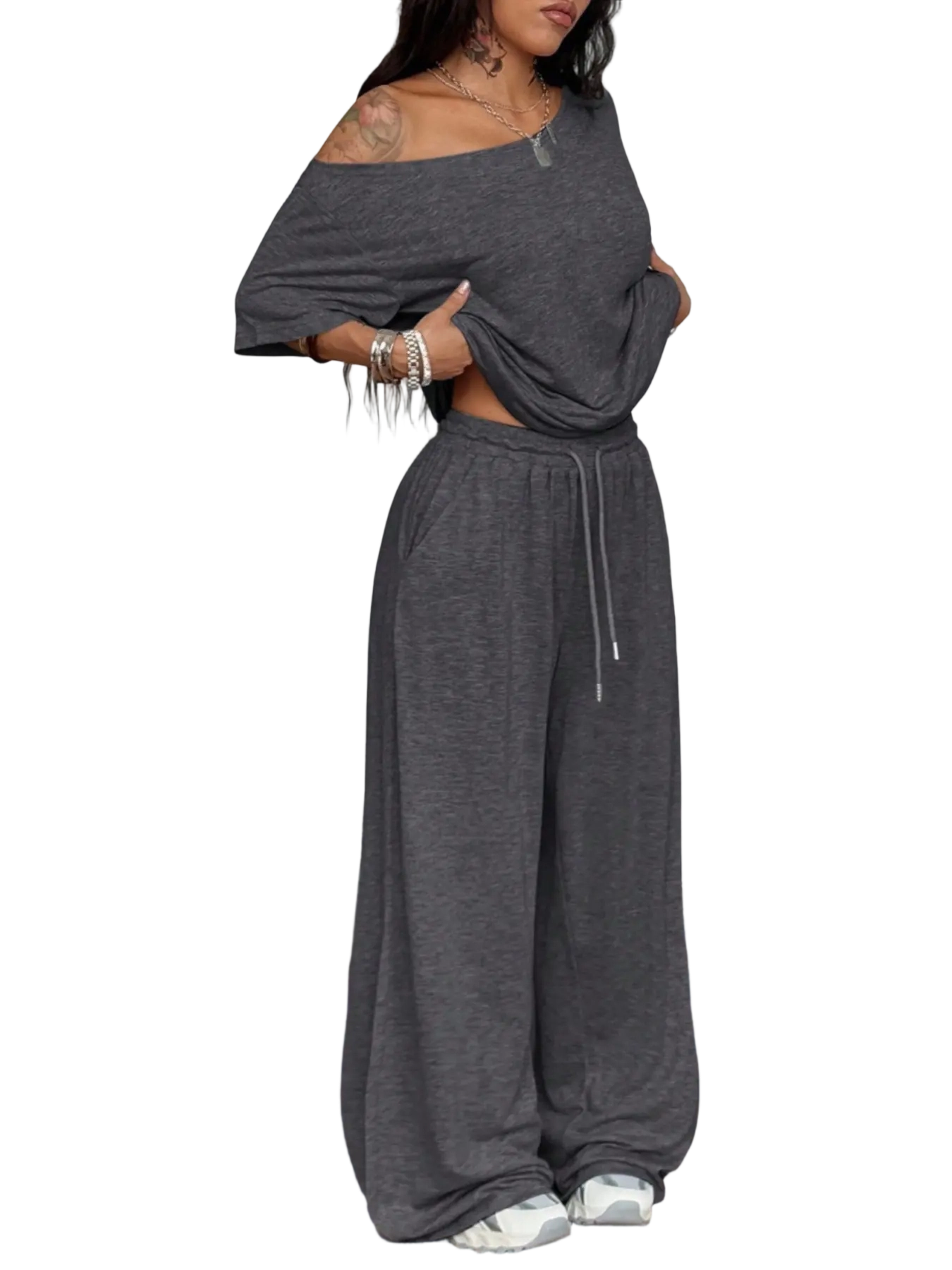 Women's Minimalist Basic Daily Wear Casual Going Out Sport Comfortable Off Shoulder T-Shirt And Wide Leg Pants Two Pieces Outfits