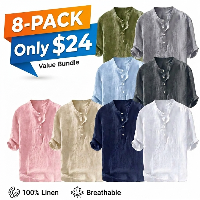 Mens Linen Shirts Casual Cotton 3/4 Sleeve Regular-Fit Henley T-Shirt Summer Lightweight Beach Yoga Tops