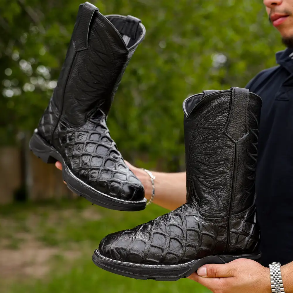 Black Pirarucu Leather Boots With 3D Lightweight BLACK EDITION Sole - Composite Toe