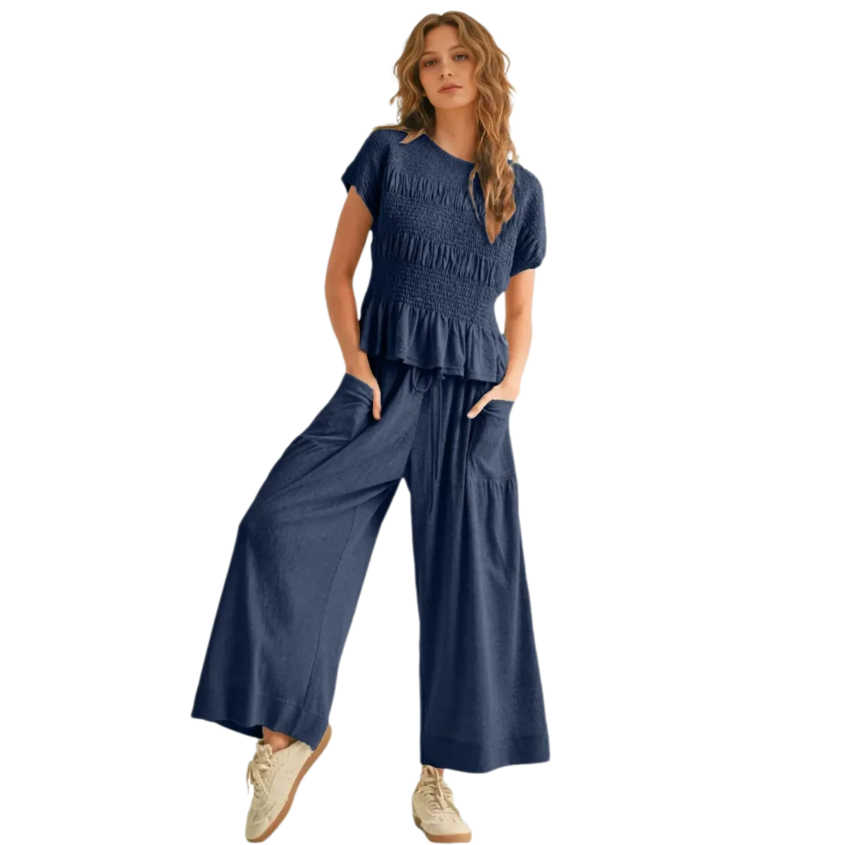 Women's 2-Piece Smocked Top & Wide-Leg Pants Set High-Waisted Lounge Outfit with Pockets Casual Boho Matching Set Minimalist Basic Kleinblue Crewneck Clothes Suits Fitted Trouser