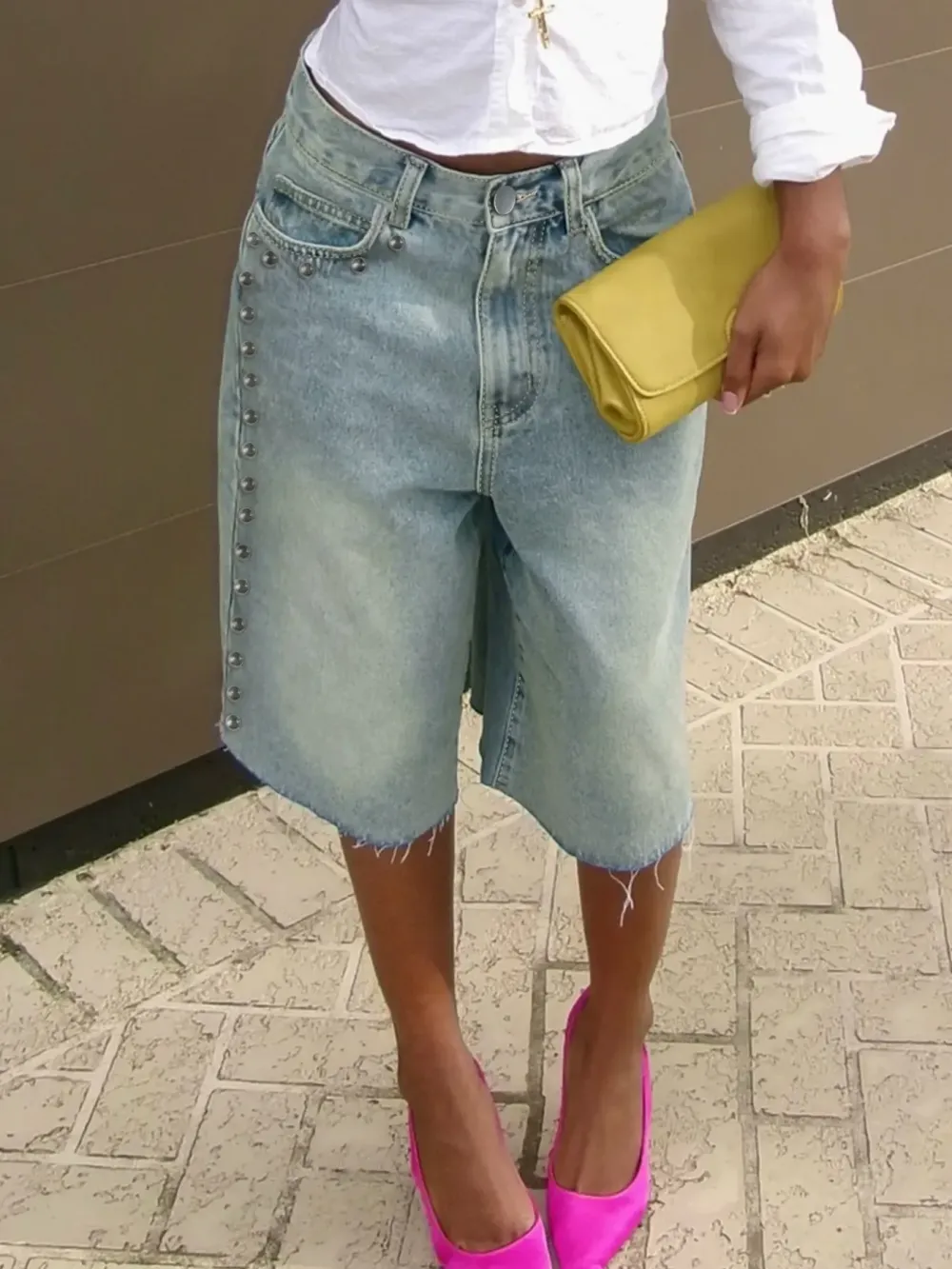 Washed Studded Wide-Leg Denim Jorts, Raw Hem High-Waisted Bermuda Shorts