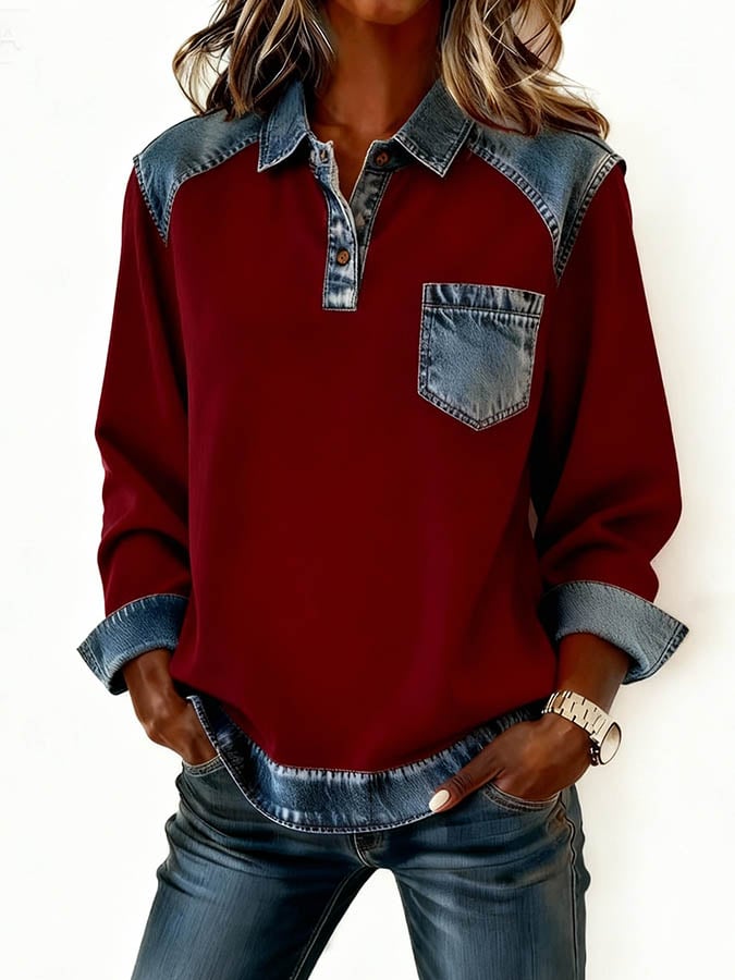Women'S Casual Turndown Collar Denim Patchwork Pullover Sweatshirt