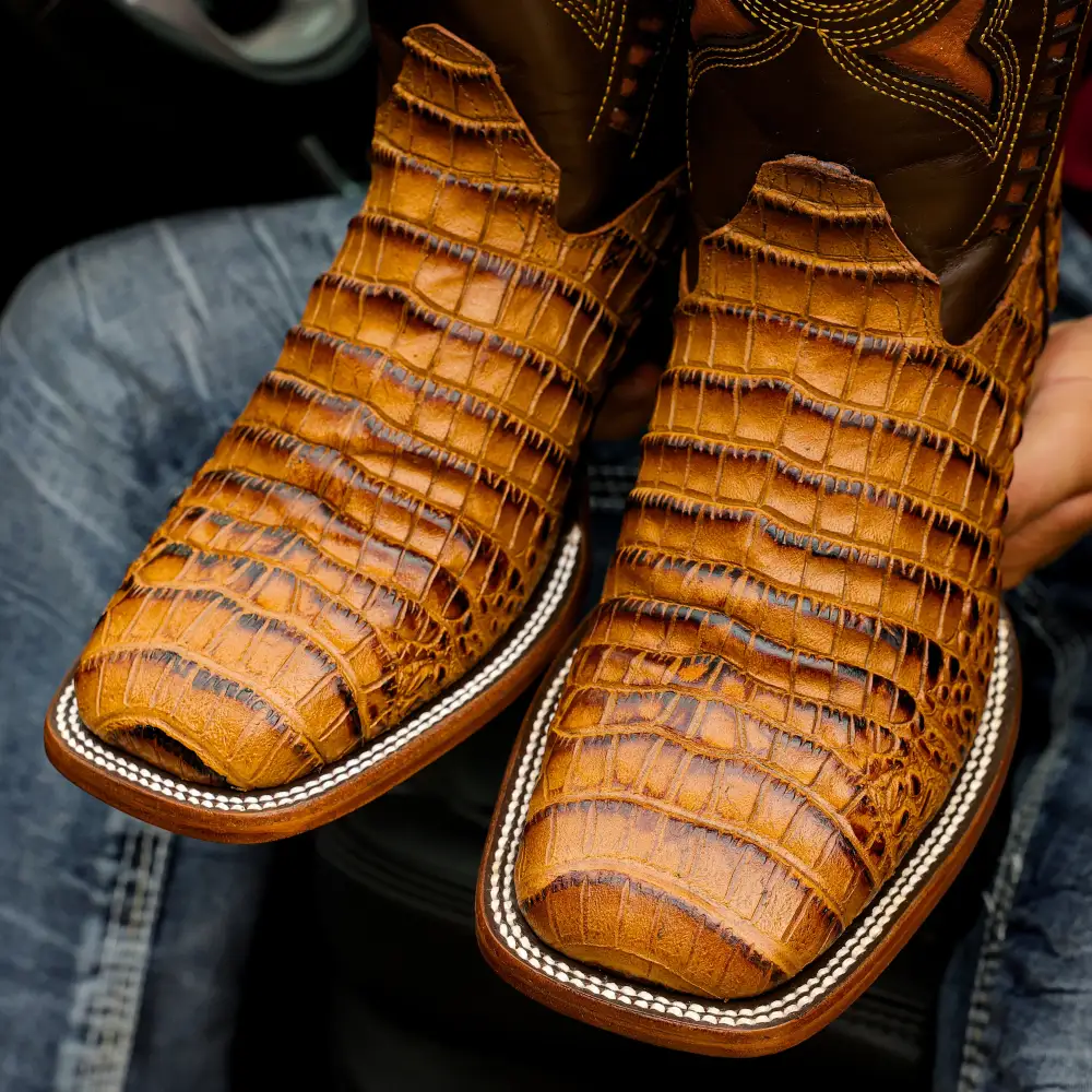 Honey Caiman Belly Leather Boots - Square Toe