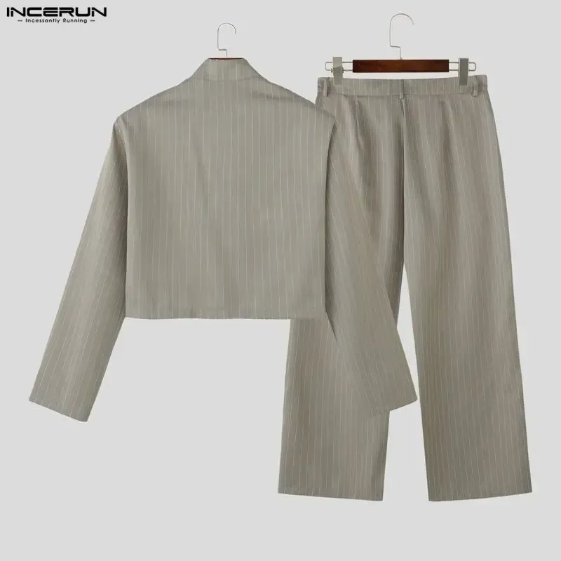 Men's Pinstripe 2-Piece Set Cropped Blazer & High Waist Wide Leg Pants Suit