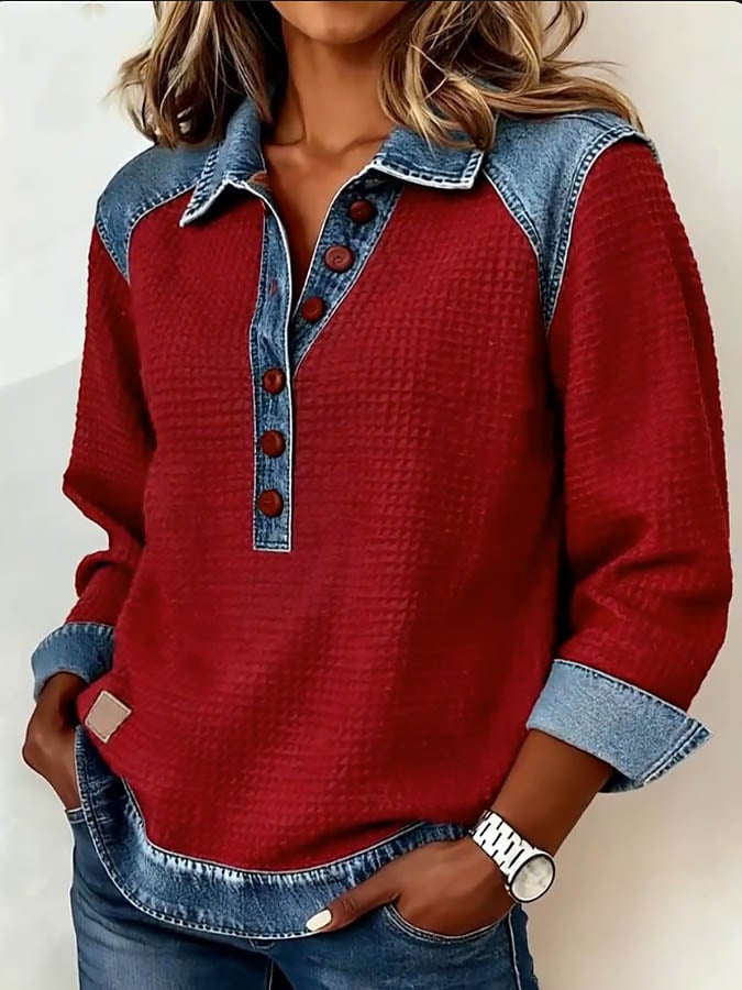Women's Casual Collared Denim Patchwork Waffle Knit Sweatshirt
