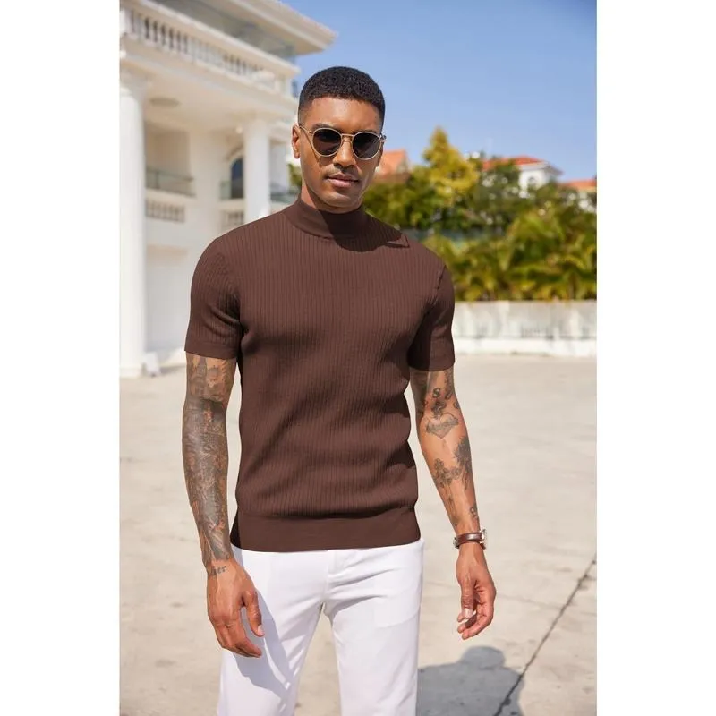Men's Mock Turtleneck Sweater Short Sleeve Casual Basic Tops Ribbed Knit Pullover Solid Tee(100%Polyester)