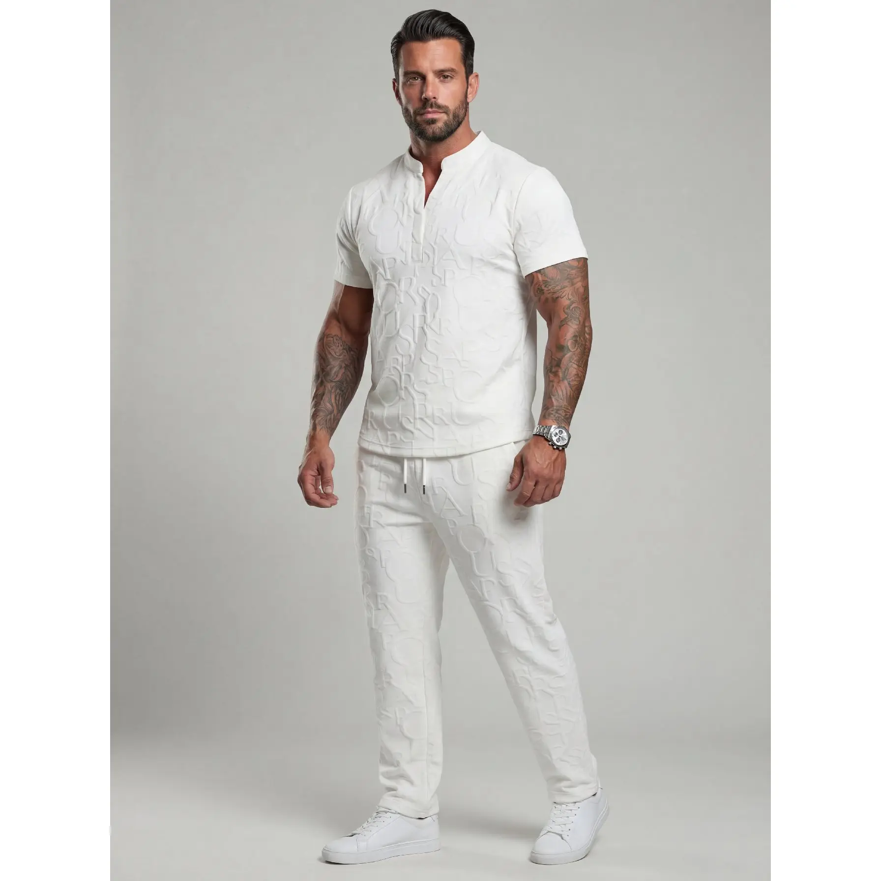 Men's Textured Letter-Embossed T-Shirt & Drawstring Waist Trousers Set